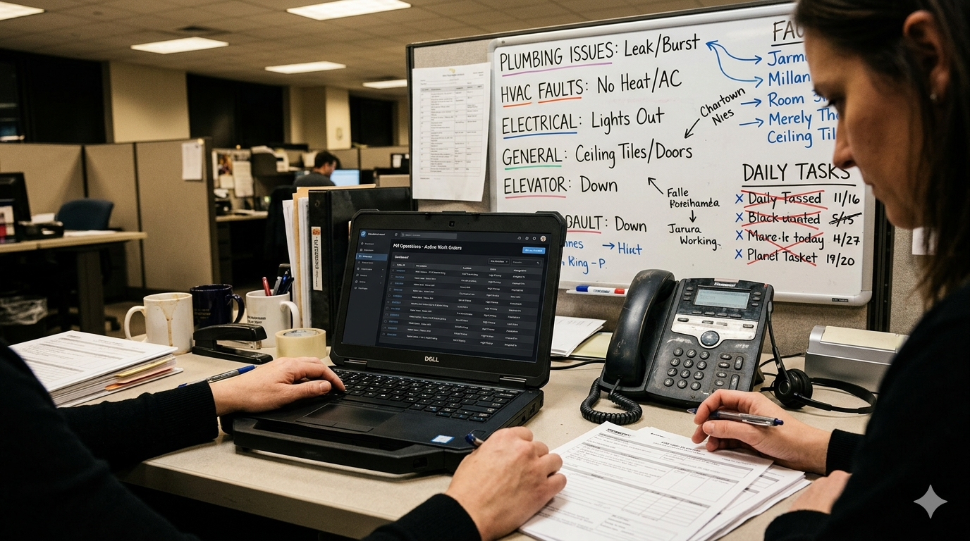 FM operations desk with a laptop showing an active work orders dashboard, a whiteboard listing fault categories (plumbing, HVAC, electrical, elevator), and a desk phone — illustrating a manual complaint management workflow.